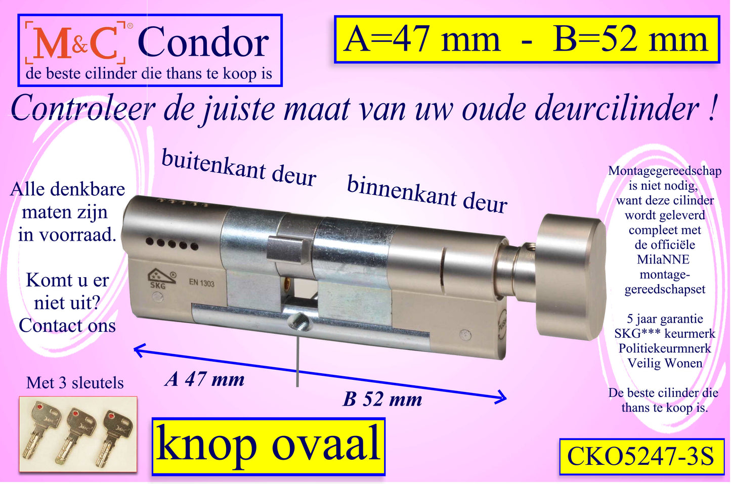 CONFIGURATOR Cilinder met Knop OVAAL met 3 Sleutels