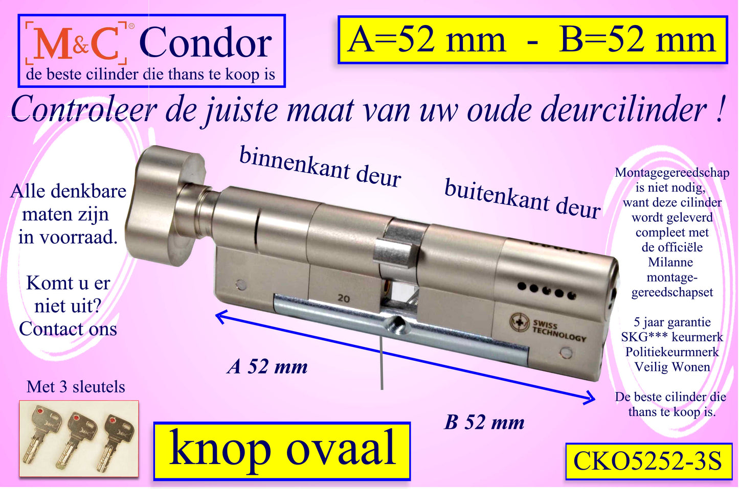M&C Condor cilinderslot Knop OVAAL 52x52 mm met 3 sleutels