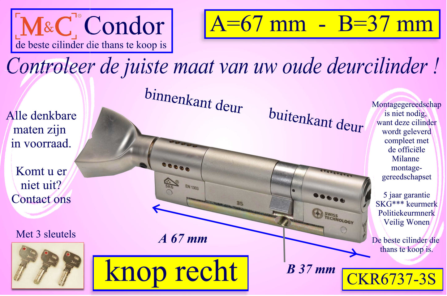 M&C Condor cilinderslot Knop RECHT 67x37 mm met 3 sleutels