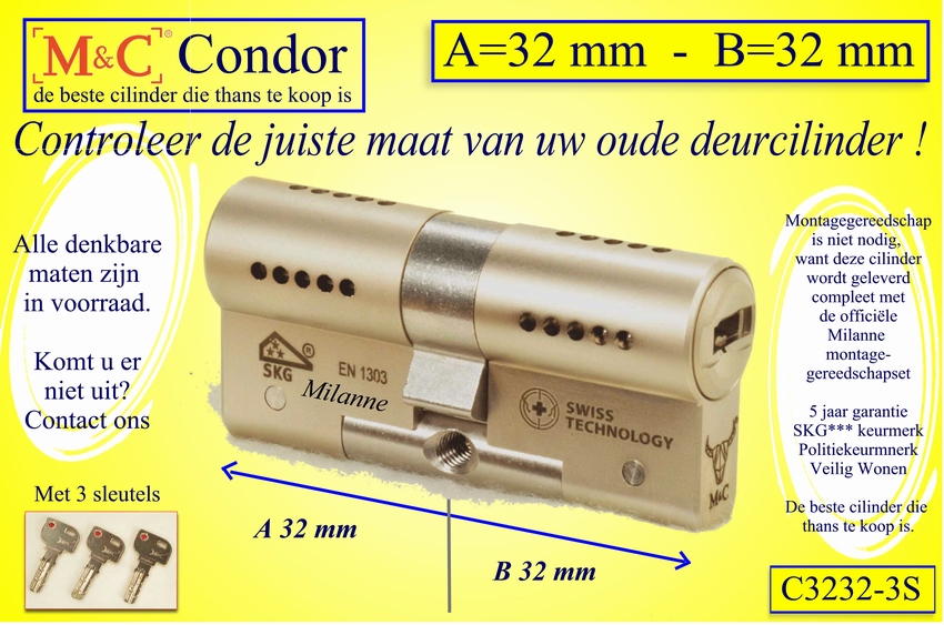 M&C Condor cilinderslot 32x32 mm - met 3 sleutels