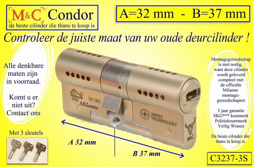 M&C Condor cilinderslot 32x37 mm - met 3 sleutels