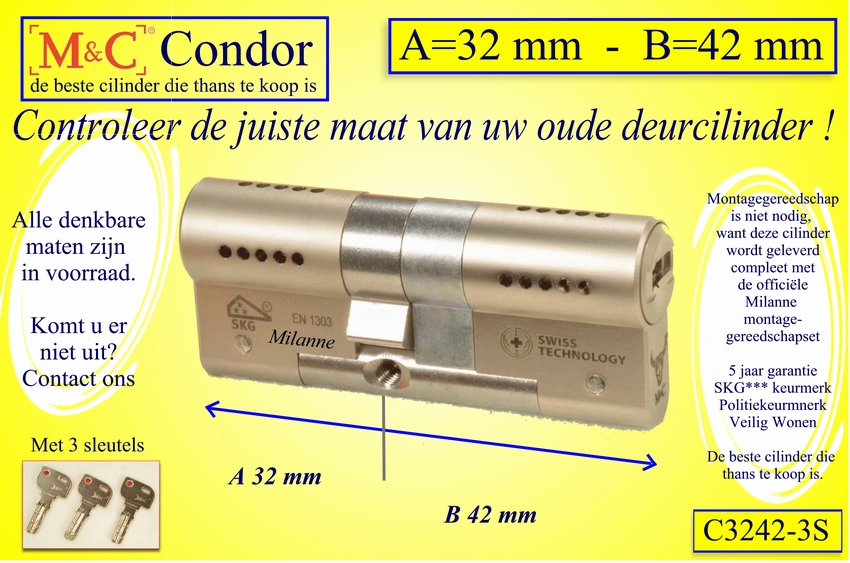 M&C Condor cilinderslot 32x42 mm - met 3 sleutels