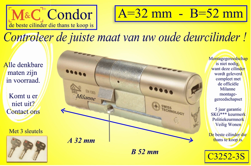 M&C Condor cilinderslot 32x52 mm - met 3 sleutels