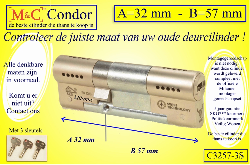 M&C Condor cilinderslot 32x57 mm - met 3 sleutels