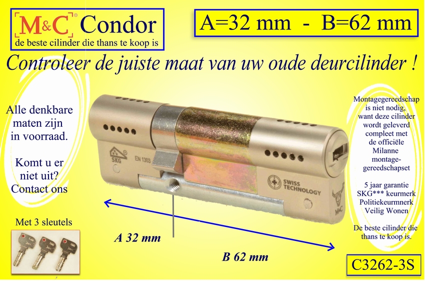 M&C Condor cilinderslot 32x62 mm - met 3 sleutels