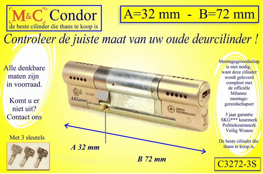 M&C Condor cilinderslot 32x72 mm - met 3 sleutels