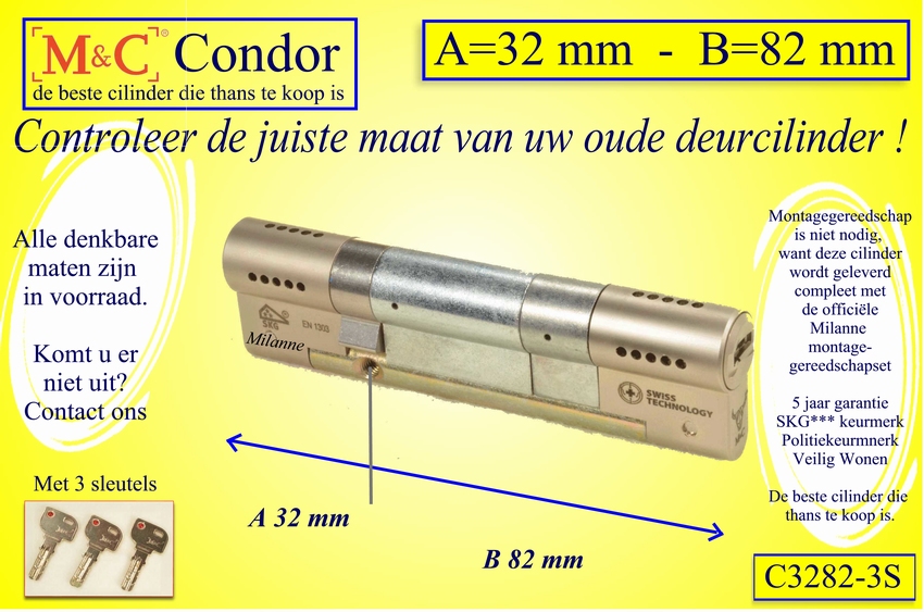 M&C Condor cilinderslot 32x82 mm - met 3 sleutels