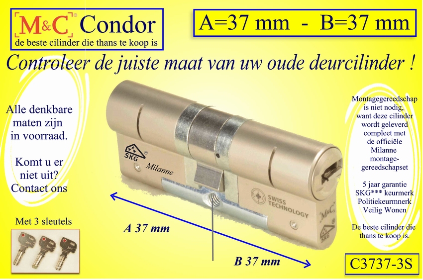 M&C Condor cilinderslot 37x37 mm - met 3 sleutels