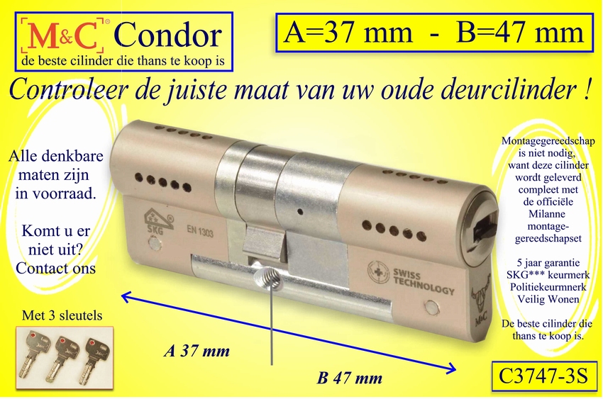 M&C Condor cilinderslot 37x47 mm - met 3 sleutels