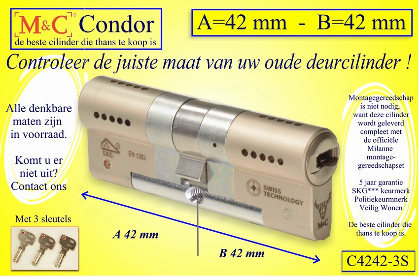 M&C Condor cilinderslot 42x42 mm - met 3 sleutels