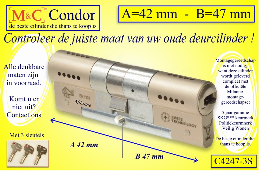 M&C Condor cilinderslot 42x47 mm - met 3 sleutels