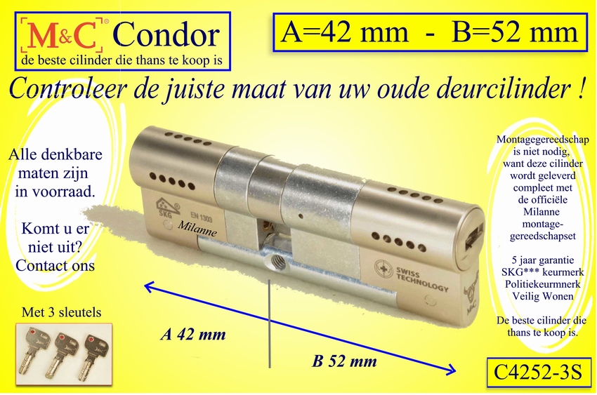 M&C Condor cilinderslot 42x52 mm - met 3 sleutels