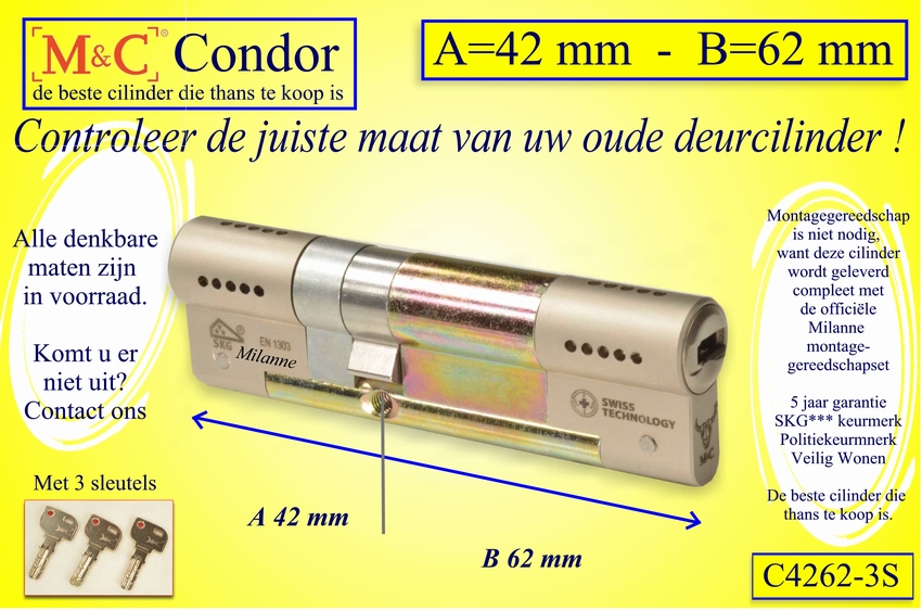 M&C Condor cilinderslot 42x62 mm - met 3 sleutels