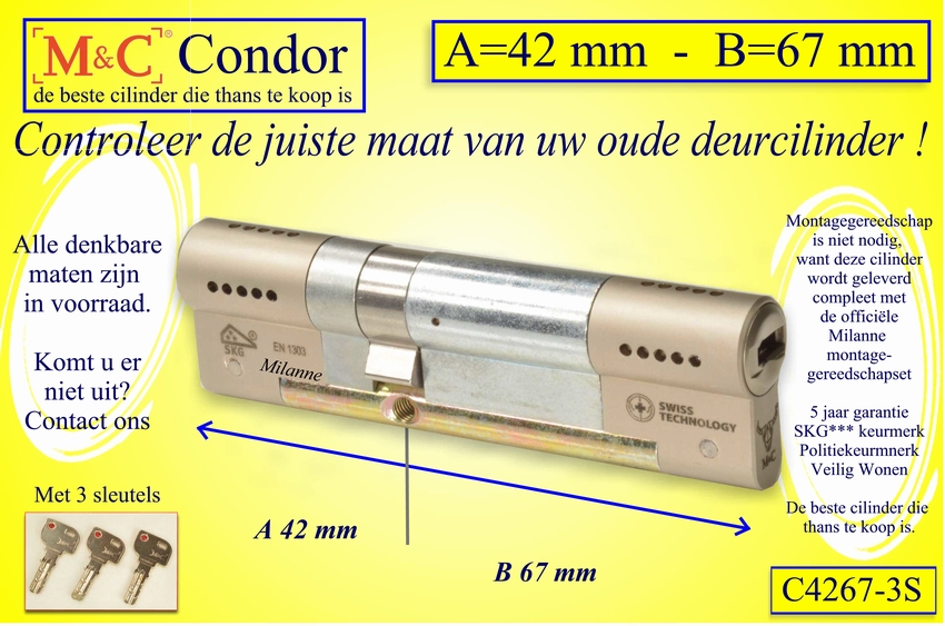 M&C Condor cilinderslot 42x67 mm - met 3 sleutels