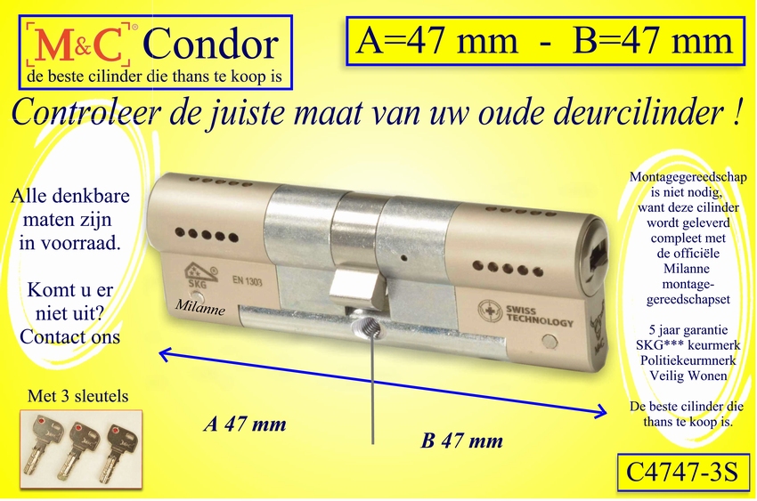 M&C Condor cilinderslot 47x47 mm - met 3 sleutels