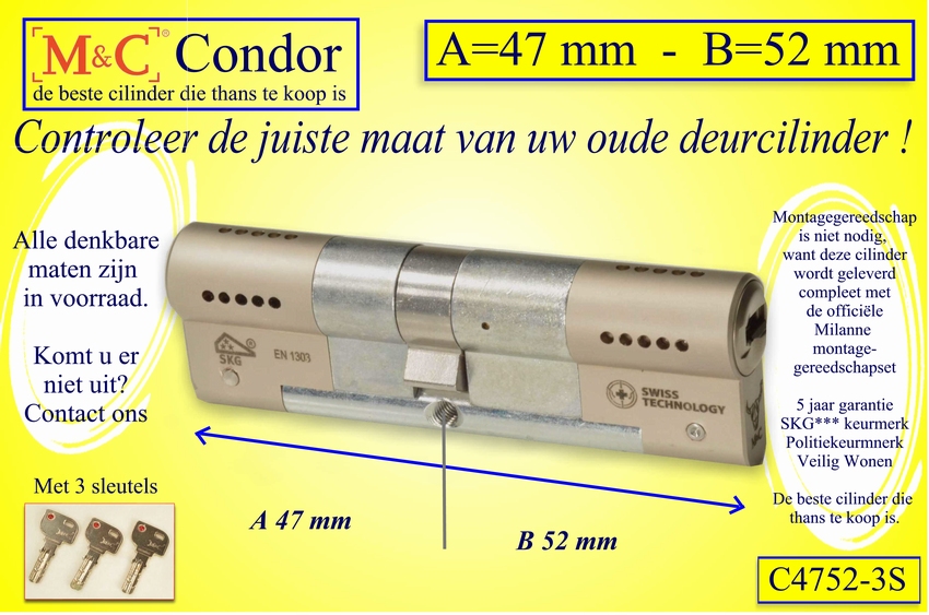 M&C Condor cilinderslot 47x52 mm - met 3 sleutels