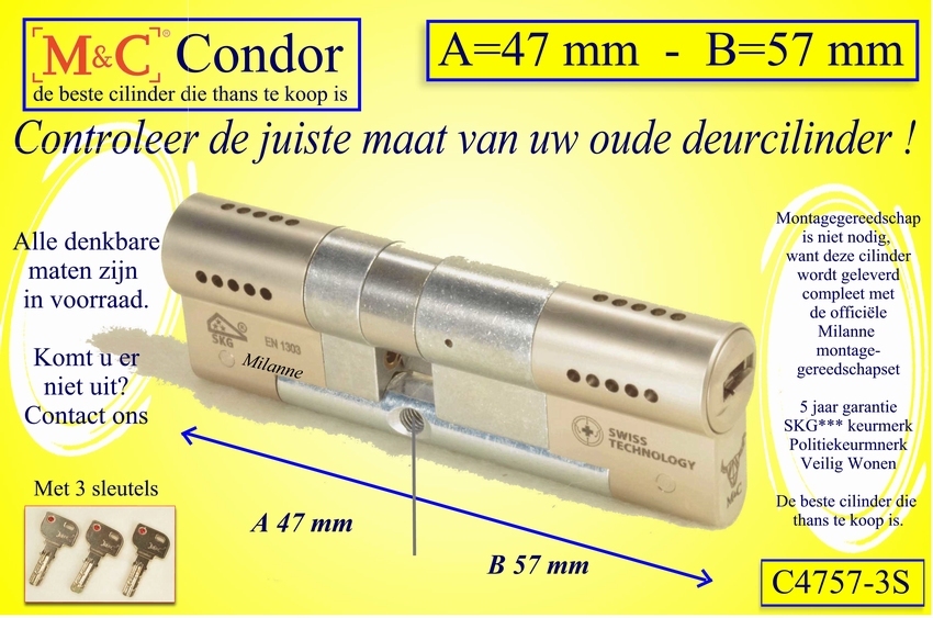 M&C Condor cilinderslot 47x57 mm - met 3 sleutels