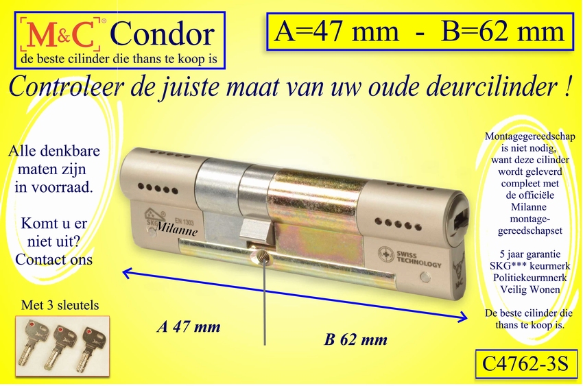 M&C Condor cilinderslot 47x72 mm - met 3 sleutels