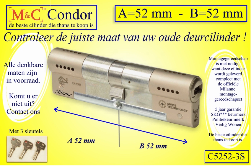 M&C Condor cilinderslot 52x52 mm - met 3 sleutels