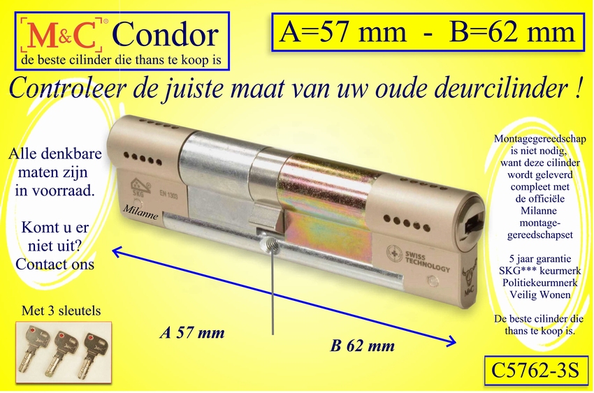 M&C Condor cilinderslot 57x62 mm - met 3 sleutels