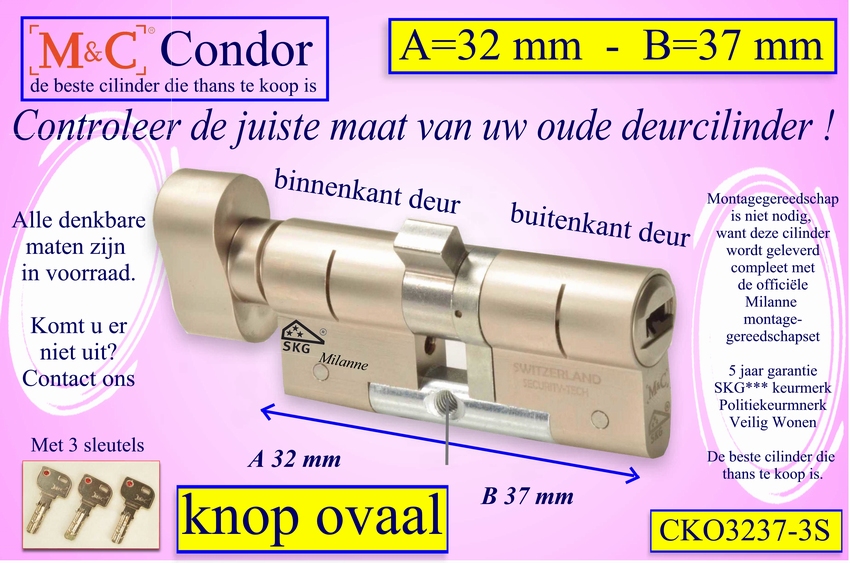 M&C Condor cilinderslot Knop OVAAL 32x37 mm