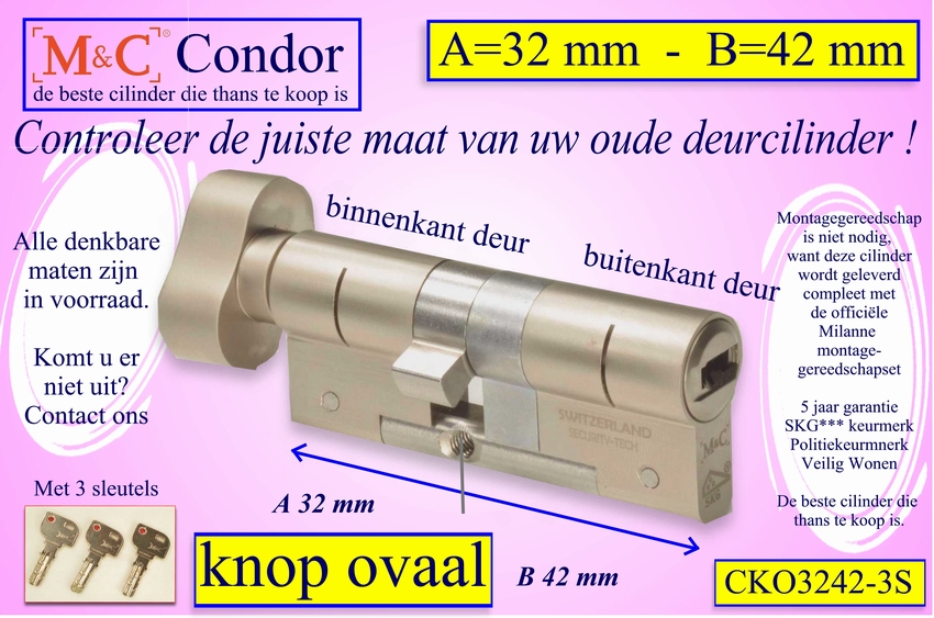 M&C Condor cilinderslot Knop OVAAL 32x42 mm