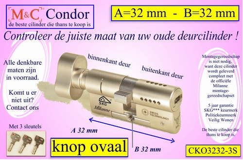 M&C Condor cilinderslot Knop OVAAL 32x32 mm 