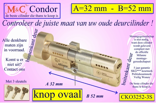 M&C Condor cilinderslot Knop OVAAL 32x52 mm 