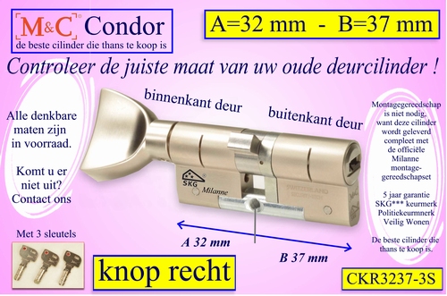 M&C Condor cilinderslot Knop RECHT 32x37 mm 