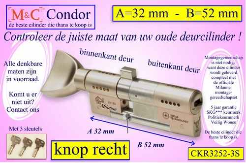 M&C Condor cilinderslot Knop RECHT 32x52 mm 