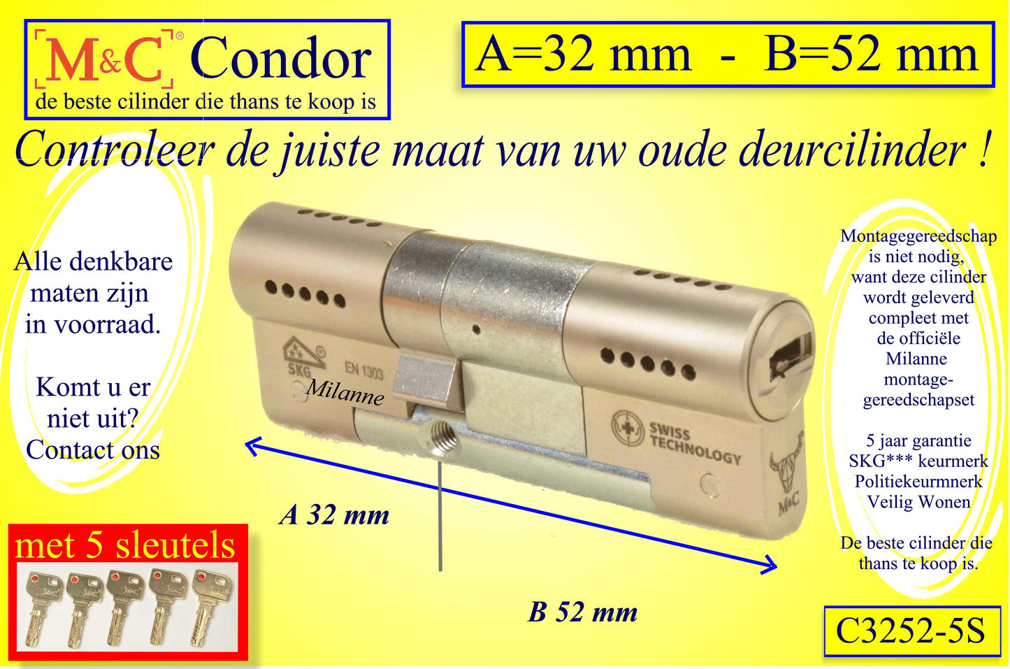 M&C Condor cilinderslot 32x52 mm