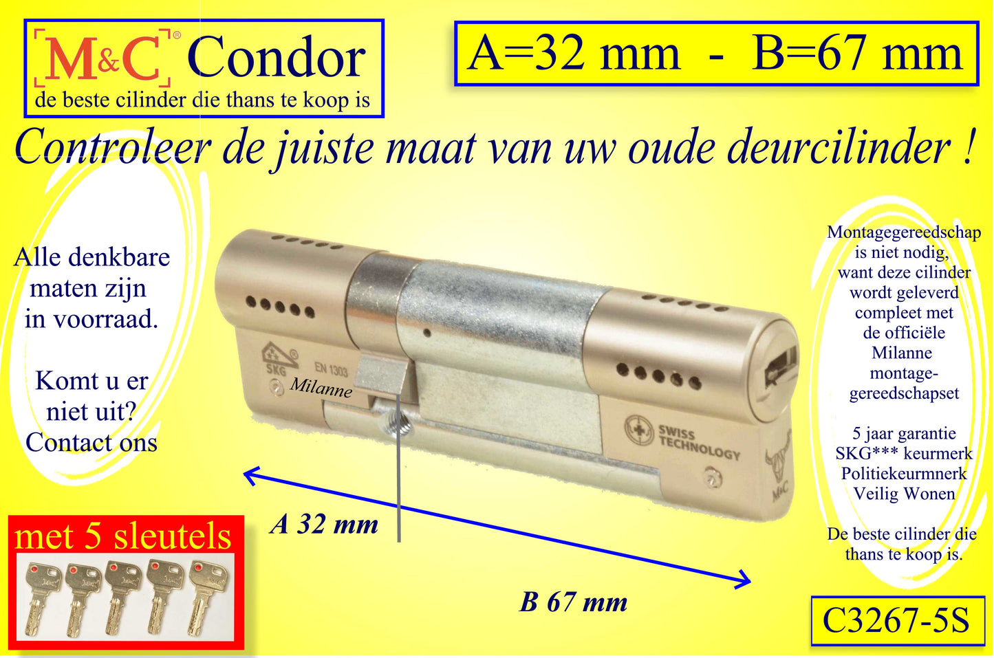 M&C Condor cilinderslot 32x67 mm