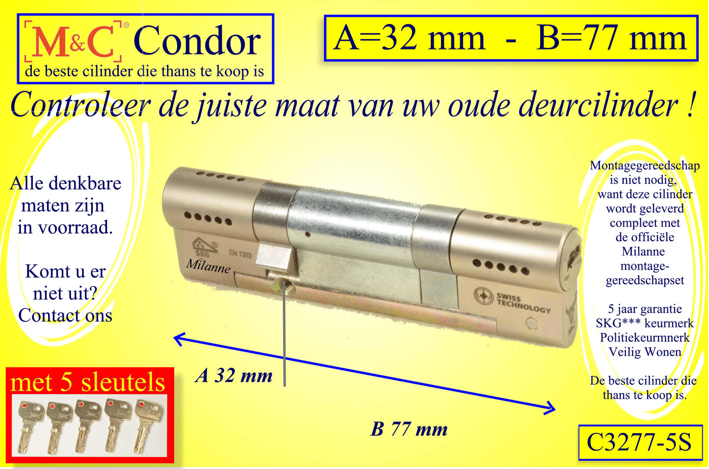 M&C Condor cilinderslot 32x77 mm