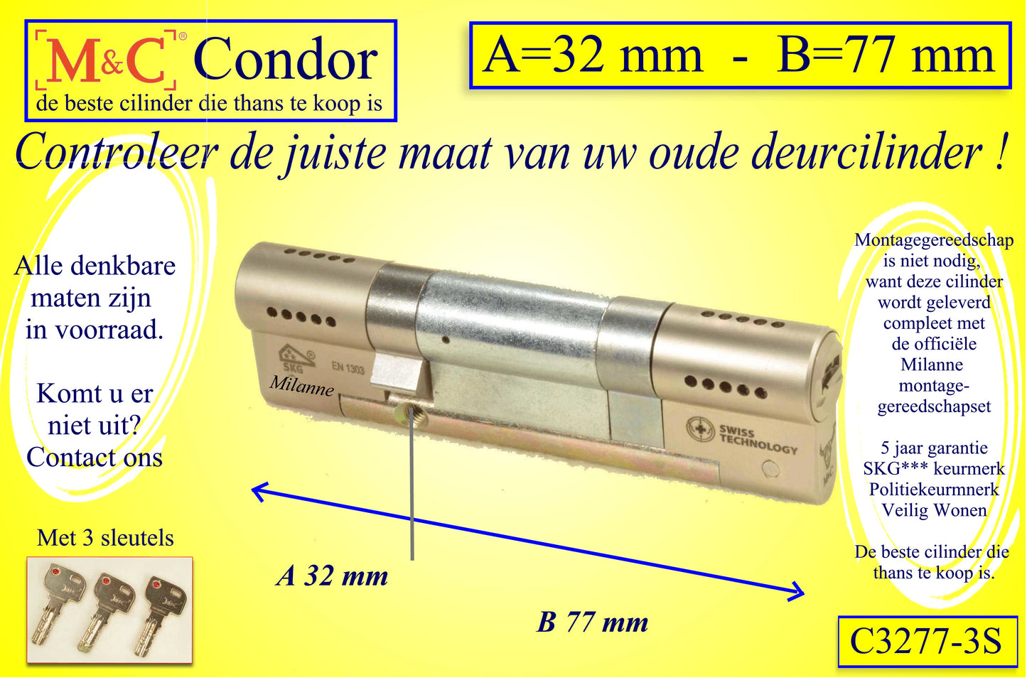 M&C Condor cilinderslot 32x77 mm