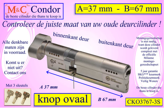 M&C Condor cilinderslot Knop OVAAL 37x67 mm met 3 sleutels