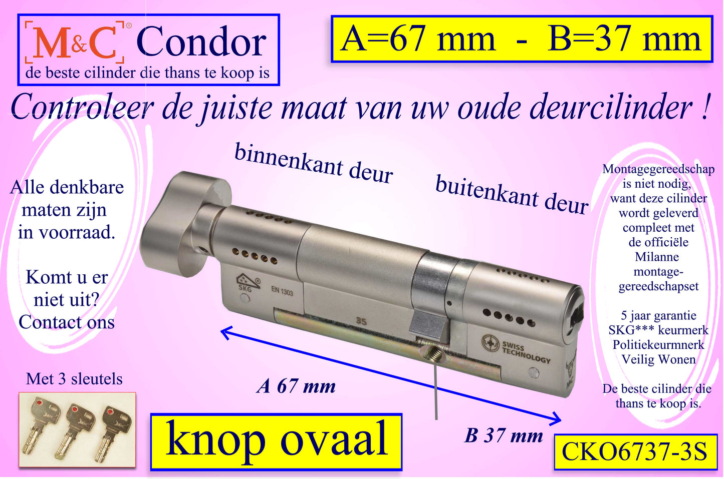 M&C Condor cilinderslot Knop OVAAL 67x37 mm met 3 sleutels