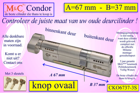 M&C Condor cilinderslot Knop OVAAL 67x37 mm met 3 sleutels