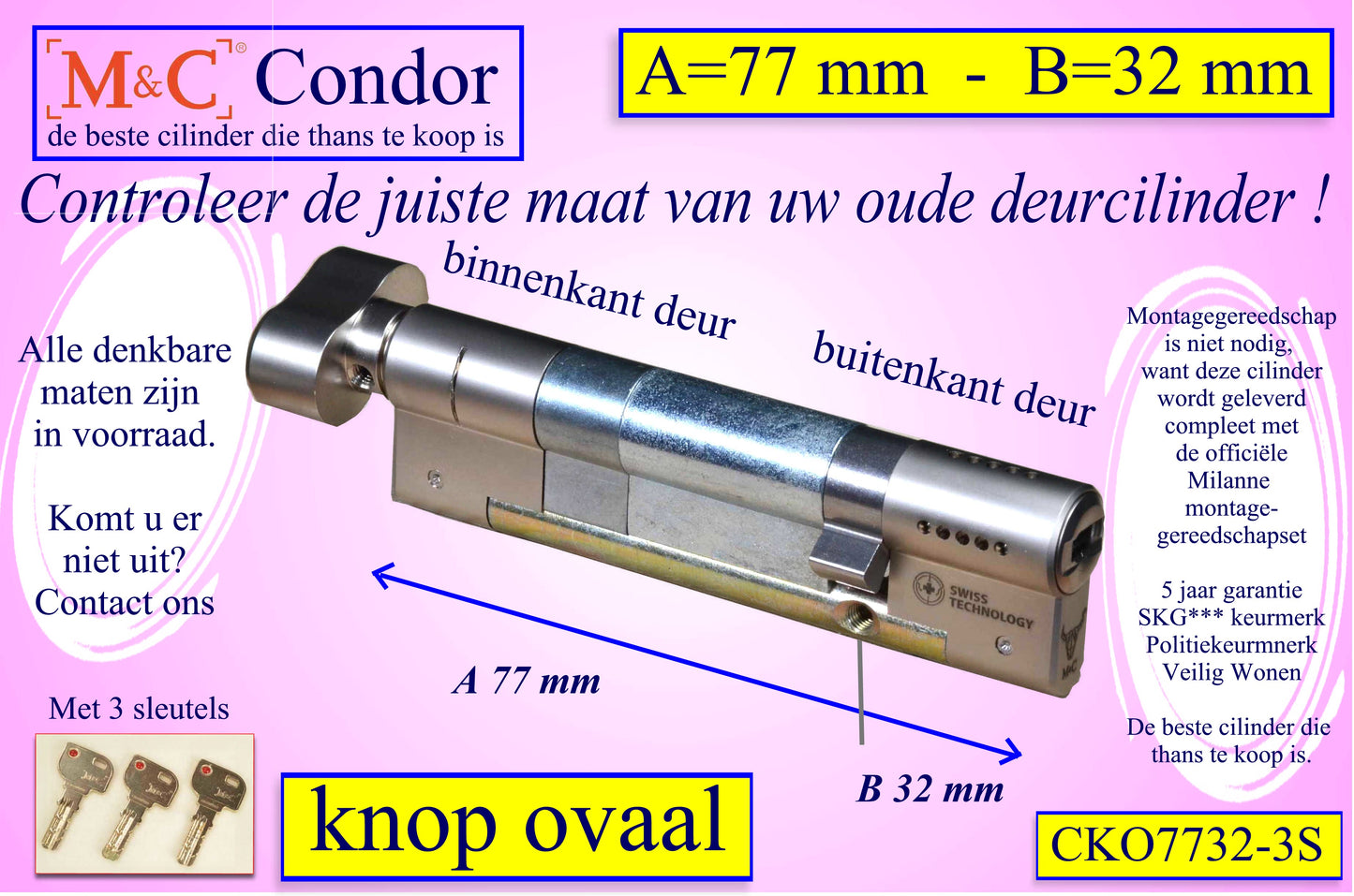 M&C Condor cilinderslot Knop OVAAL 77x32 mm met 3 sleutels
