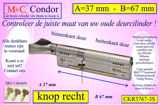 M&C Condor cilinderslot Knop RECHT 37x67 mm met 3 sleutels