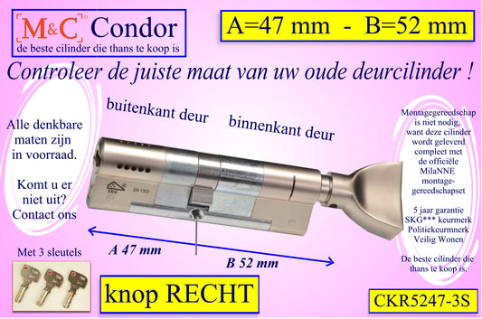 M&C Condor cilinderslot Knop RECHT 52x47 mm met 3 sleutels