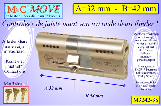 M&C Move cilinderslot 32x42 mm - met 3 sleutels