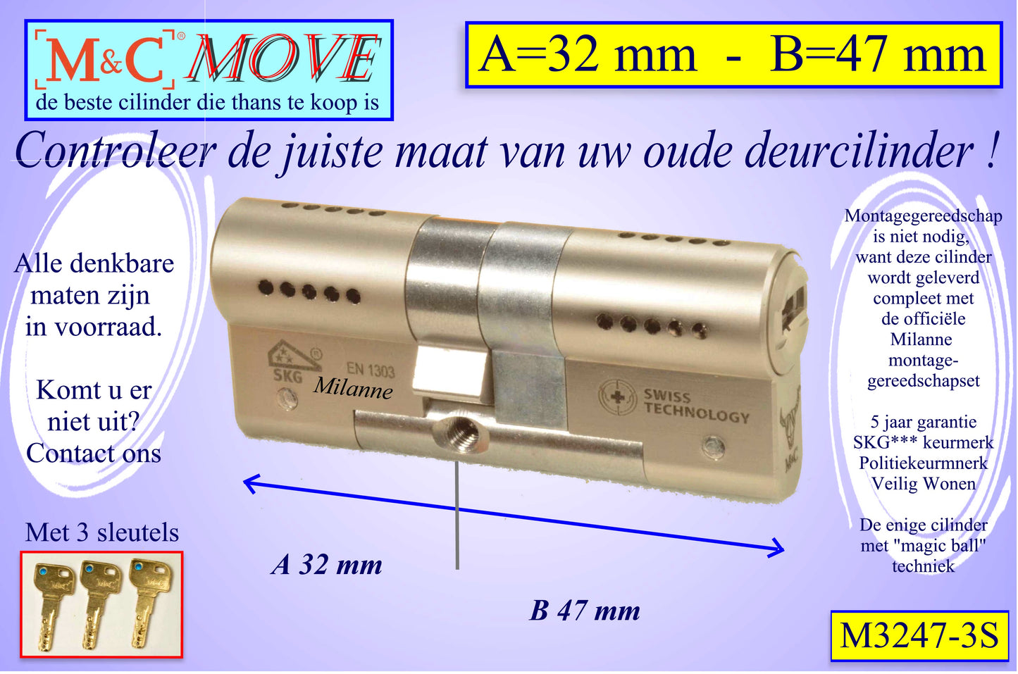 M&C Move cilinderslot 32x47 mm - met 3 sleutels