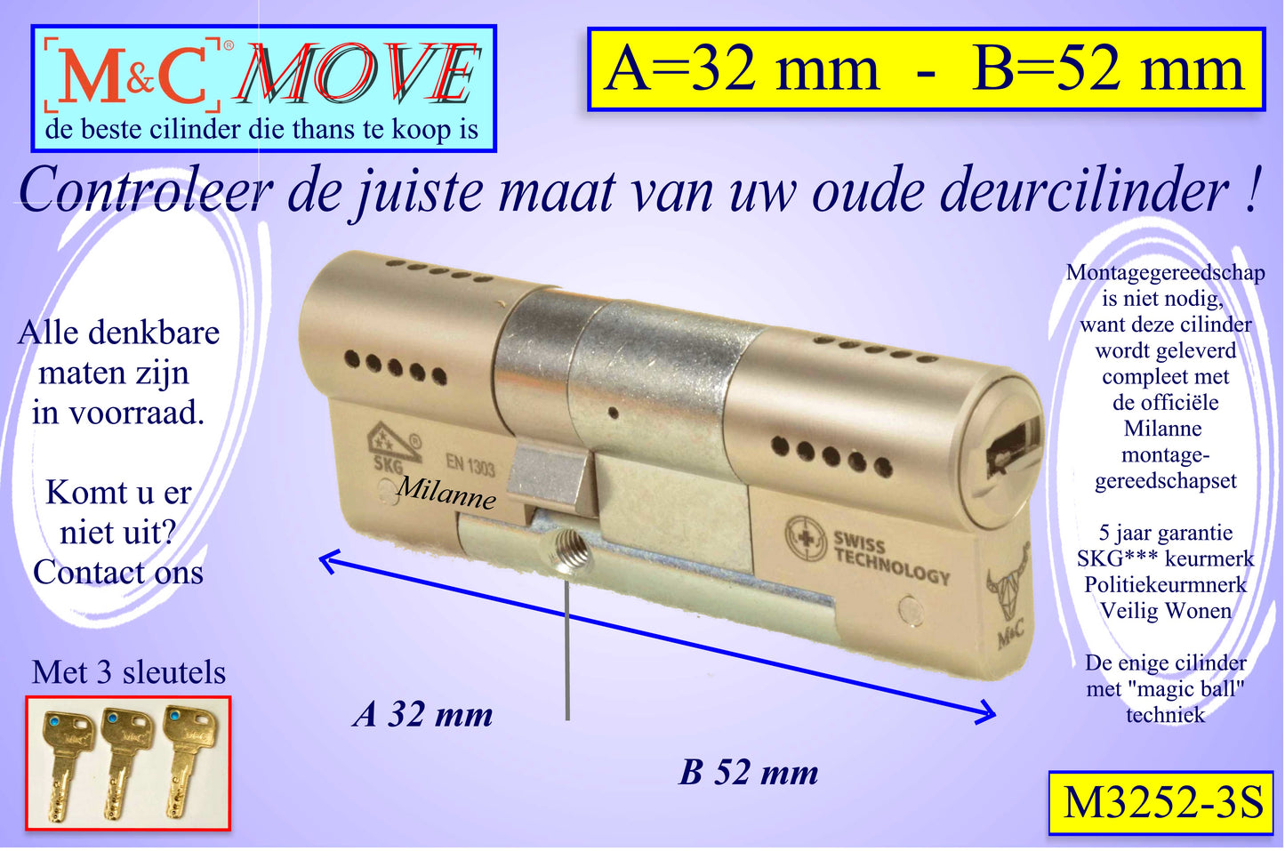 M&C Move cilinderslot 32x52 mm - met 3 sleutels