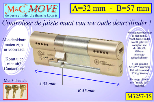 M&C Move cilinderslot 32x57 mm - met 3 sleutels