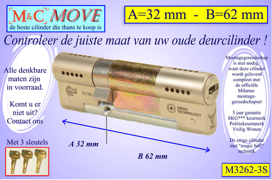 M&C Move cilinderslot 32x62 mm - met 3 sleutels