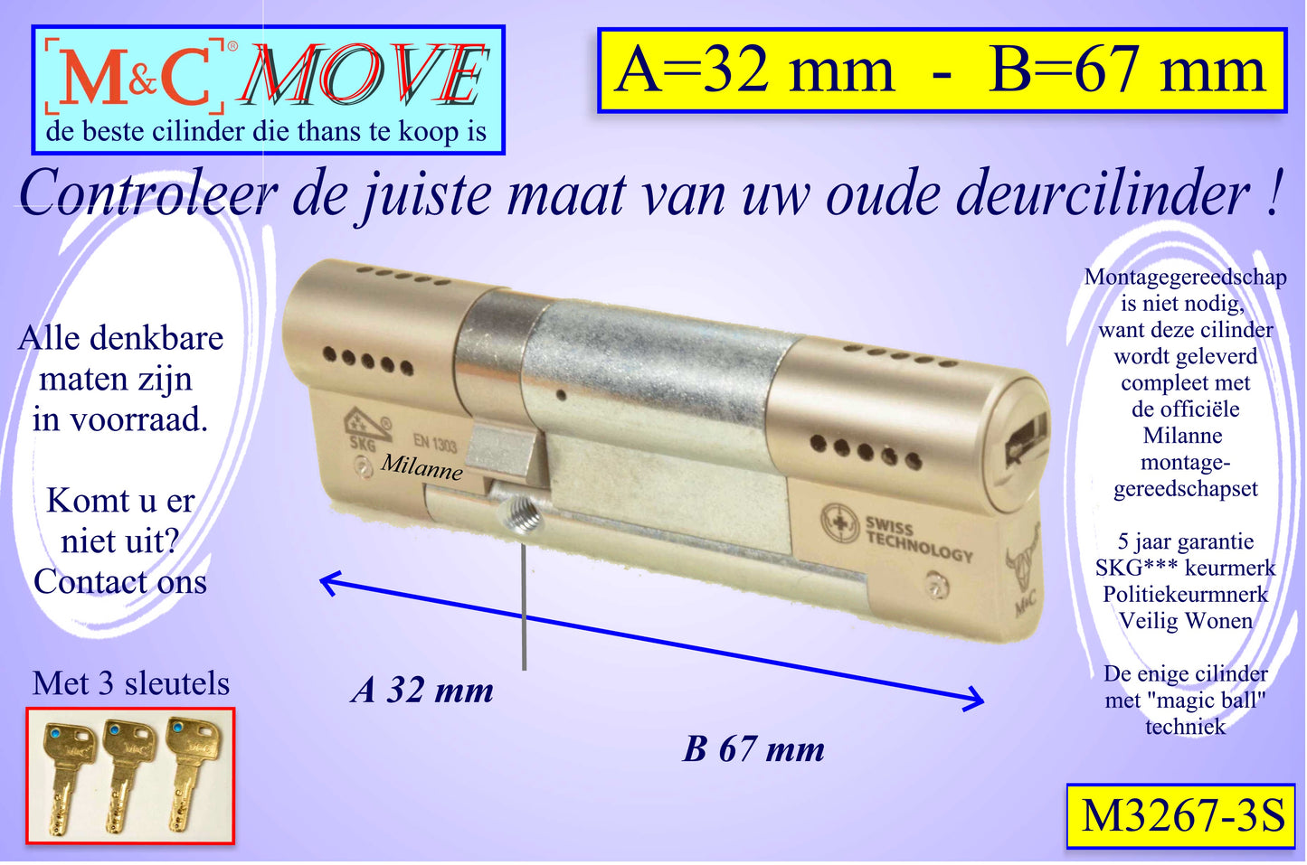 M&C Move cilinderslot 32x67 mm - met 3 sleutels