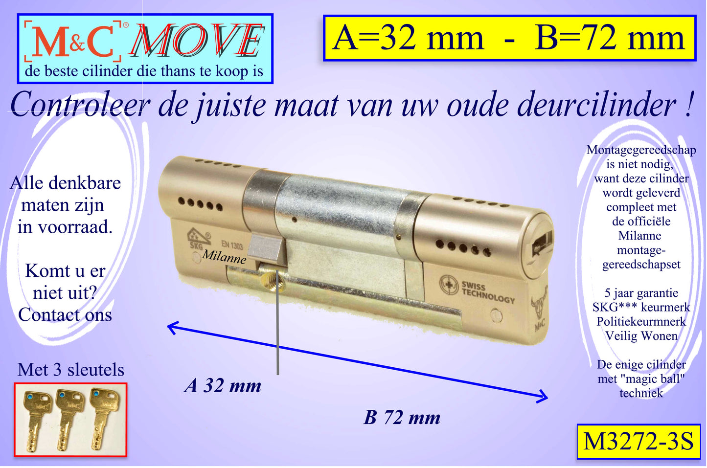 M&C Move cilinderslot 32x72 mm - met 3 sleutels