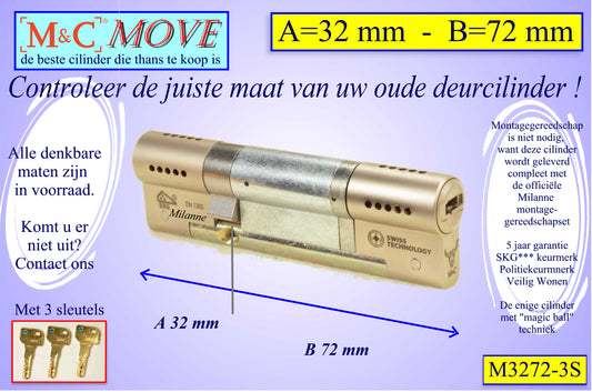 M&C Move cilinderslot 32x72 mm - met 3 sleutels