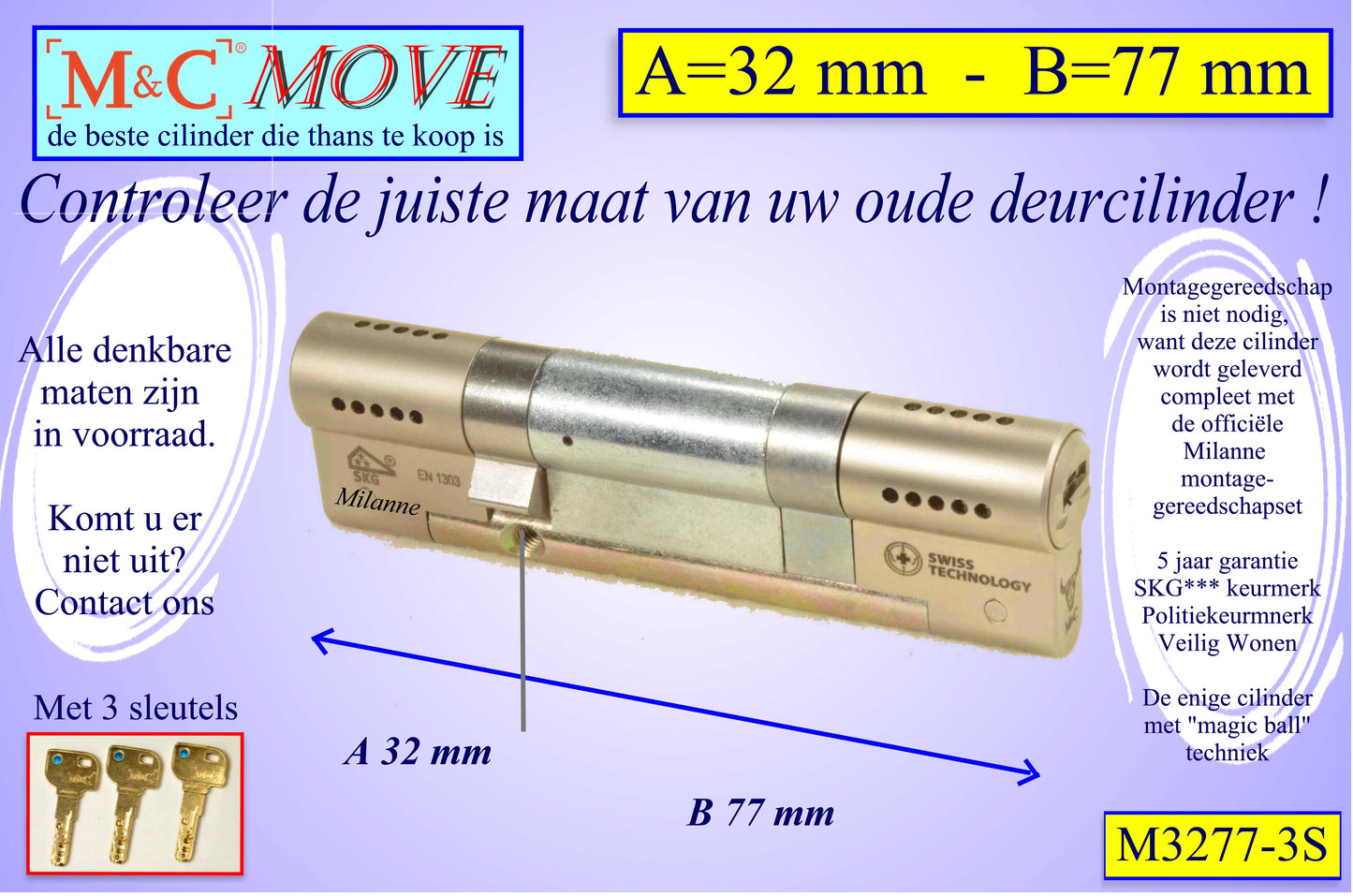 M&C Move cilinderslot 32x77 mm - met 3 sleutels