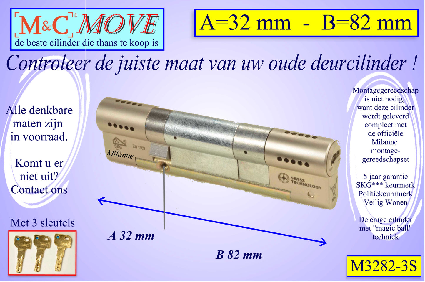 M&C Move cilinderslot 32x82 mm - met 3 sleutels